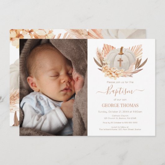 Baptism Boho white Pumpkin Photo Invitation Einladung (Vorne/Hinten)
