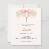Baptism Bow Blush Pink Florals Cross Invitation (Vorderseite)