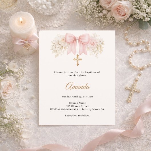 Baptism Bow Blush Pink Florals Cross Invitation