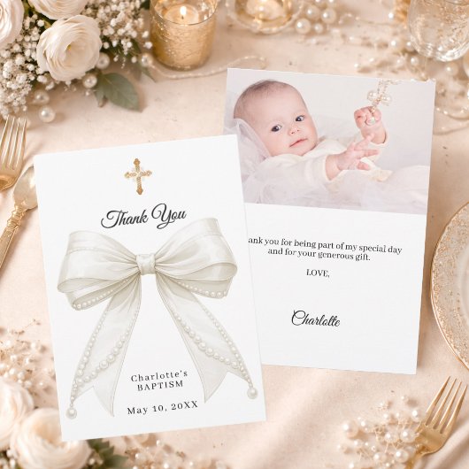Baptism bow white ivory pearls photo dankeskarte