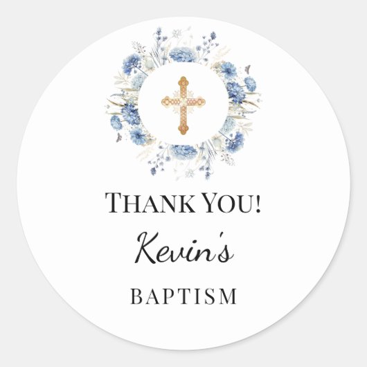Baptism boy blue florals wreath cross thank you runder aufkleber (Vorderseite)