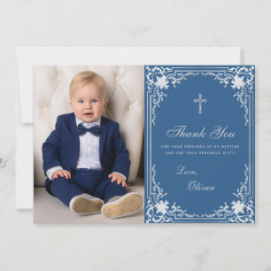 Baptism Boy Foto Classic Blue Vintag Elegante Dankeskarte