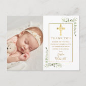 Baptism Christening Gold Cross Greenery Photo Postkarte (Vorderseite)