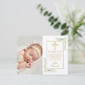 Baptism Christening Gold Cross Greenery Photo Postkarte (Stehend Vorderseite)