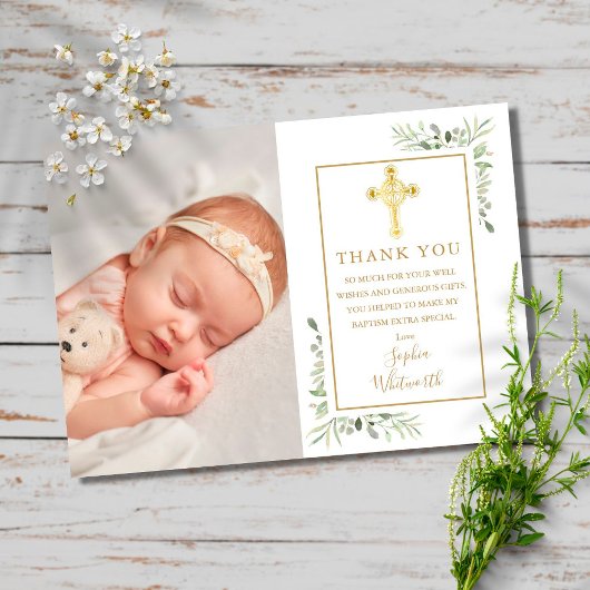 Baptism Christening Gold Cross Greenery Photo Postkarte