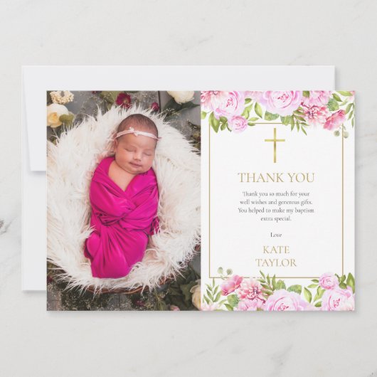 Baptism Christening Photo Pink Rose Floral Dankeskarte (Vorderseite)