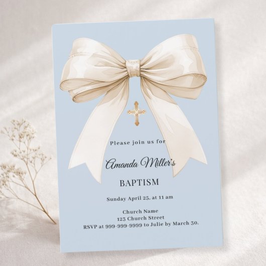 Baptism dusty blue beige bow boy einladung