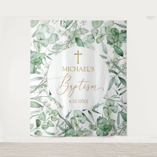 Baptism Eucalyptus greenery backdrop banner Wandteppich (Vorderseite)