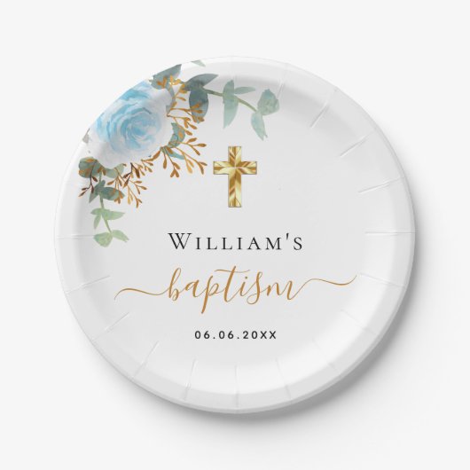 Baptism eucalyptus greenery blue floral boy pappteller (Vorderseite)
