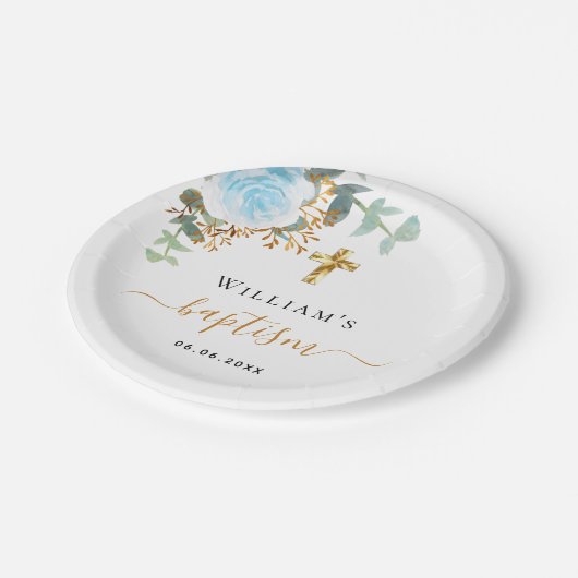 Baptism eucalyptus greenery blue floral boy pappteller (Schrägansicht)