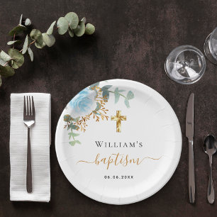 Baptism eucalyptus greenery blue floral boy pappteller