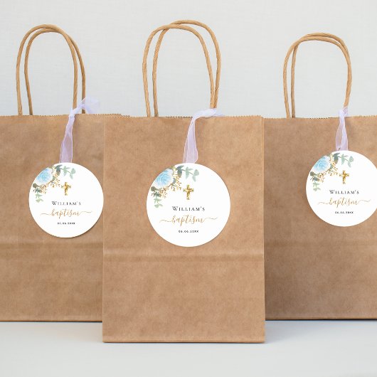 Baptism eucalyptus greenery blue floral boy runder aufkleber