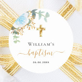 Baptism eucalyptus greenery blue floral boy runder aufkleber