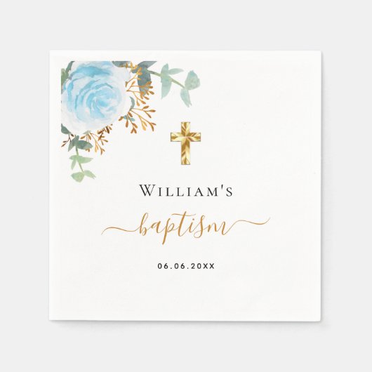 Baptism eucalyptus greenery blue floral boy serviette (Vorderseite)