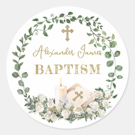 Baptism Eucalyptus Roses Cross  Runder Aufkleber (Vorderseite)