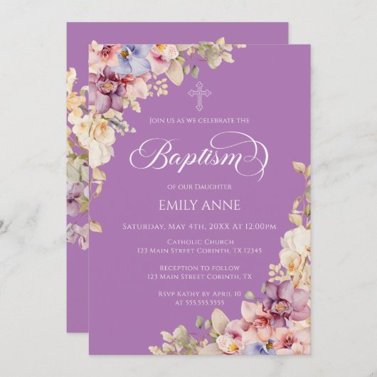 Baptism Floral Orchids purple Invitation Einladung (Vorne/Hinten)