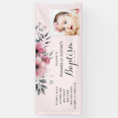 BAPTISM Foto Hübsch Pink Floral Event Party Banner (Vertikal)