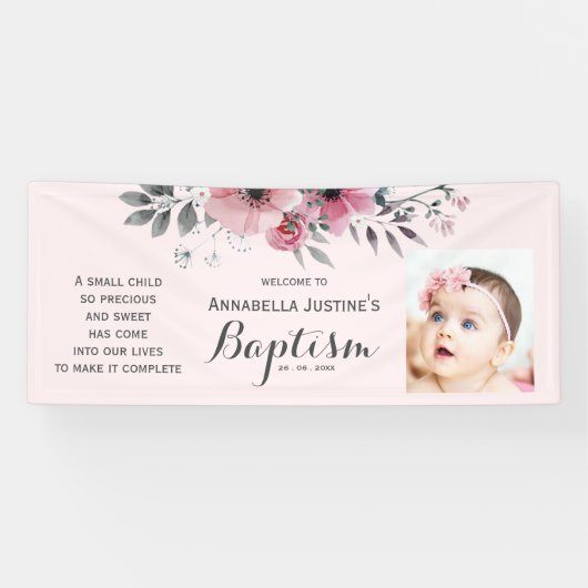 BAPTISM Foto Hübsch Pink Floral Event Party Banner (Horizontal)