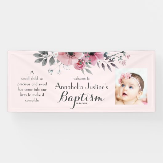 BAPTISM Foto Hübsch Pink Grey Floral Event Party Banner (Horizontal)