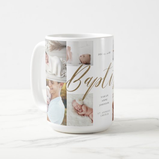 Baptism Gold Calligraphy Photo Collage Keepsake Kaffeetasse (Vorderseite Links)