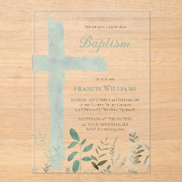 Baptism green watercolor cross acryleinladungen