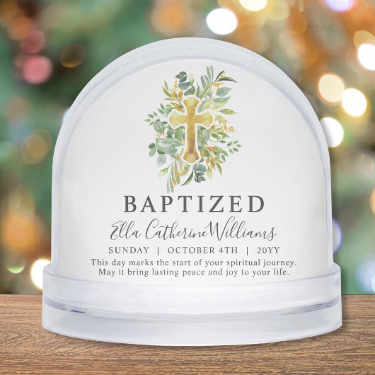 Baptism Greenery Floral Gold Cross Custom Schneekugeln