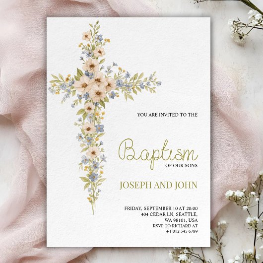 Baptism invitation card featuring a floral cross  einladung