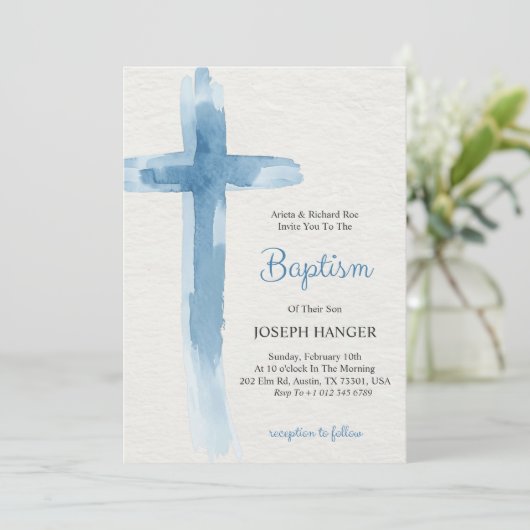Baptism invitation card featuring blue cross einladung (Stehend Vorderseite)