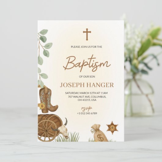 Baptism invitation card with a rustic theme einladung (Stehend Vorderseite)
