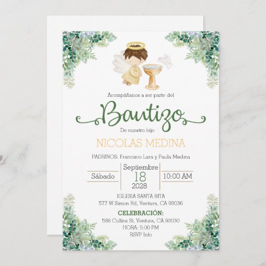 Baptism Invitation Spanish boy greenery Einladung (Vorne/Hinten)