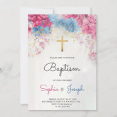 Baptism Invitation with blue floral a gold cross Einladung (Vorderseite)