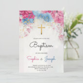 Baptism Invitation with blue floral a gold cross Einladung (Stehend Vorderseite)