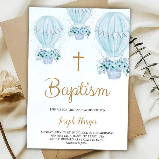 Baptism invitation with blue hot air balloon  einladung