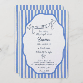 Baptism invitation with doves blue pinstripes einladung