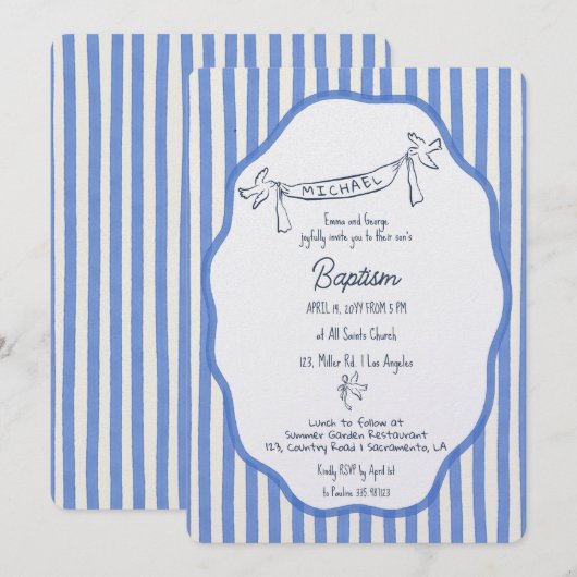 Baptism invitation with doves blue pinstripes einladung (Vorne/Hinten)