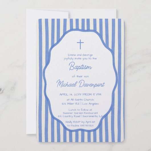 Baptism invitation with fancy blue pinstripes einladung (Vorderseite)