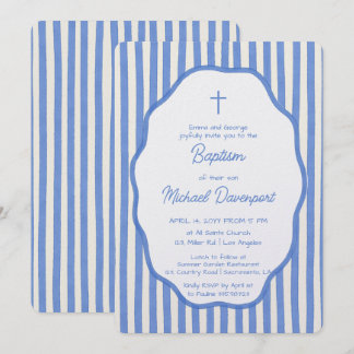 Baptism invitation with fancy blue pinstripes einladung