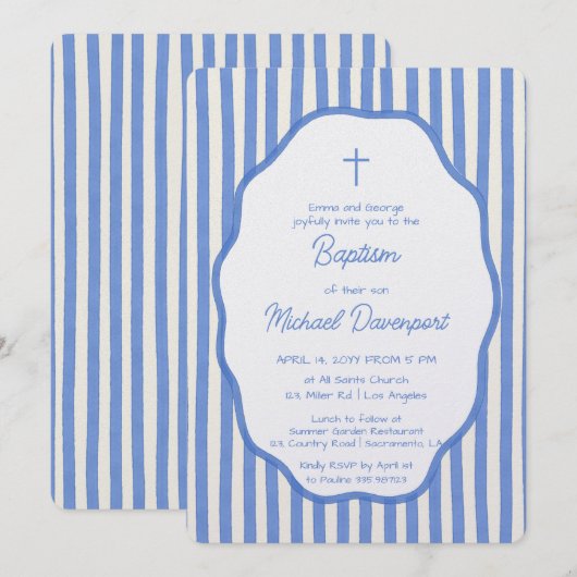 Baptism invitation with fancy blue pinstripes einladung (Vorne/Hinten)