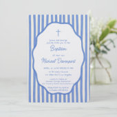 Baptism invitation with fancy blue pinstripes einladung (Stehend Vorderseite)