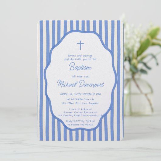 Baptism invitation with fancy blue pinstripes einladung (Stehend Vorderseite)