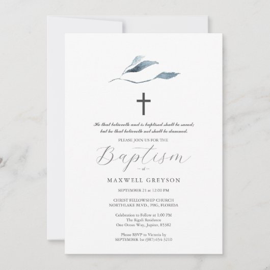 Baptism Invitations Dusty Blue Botanicals Einladung (Vorderseite)