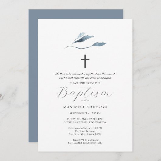 Baptism Invitations Dusty Blue Botanicals Einladung (Vorne/Hinten)