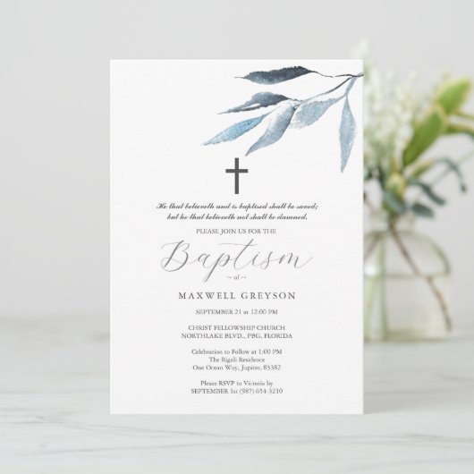 Baptism Invitations Dusty Blue Botanicals  Einladung (Stehend Vorderseite)