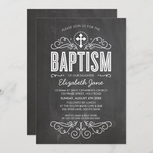 BAPTISM INVITE elegante blüh-Kalkboard grau Einladung (Vorne/Hinten)