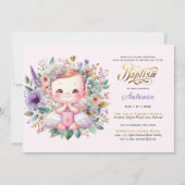 BAPTISM Lila Gold-Blumenkreuz Einladung (Vorderseite)