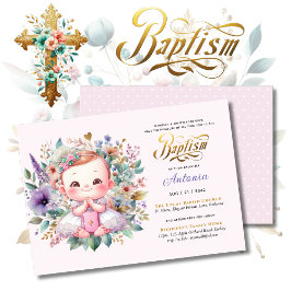 BAPTISM Lila Gold-Blumenkreuz Einladung