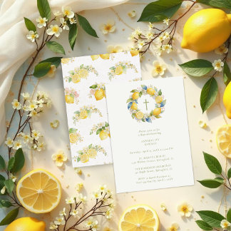 Baptism Mediterranean Wreath with Floral and Lemon Einladung