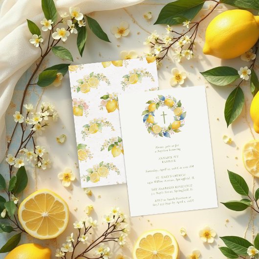Baptism Mediterranean Wreath with Floral and Lemon Einladung