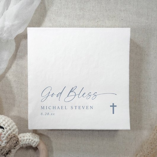 Baptism Modern Simple Dusty Blue God Bless Cross N Serviette