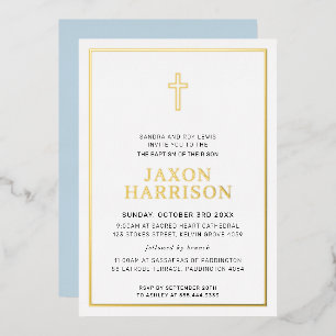 BAPTISM moderne, elegante Crossboy-Babyblau Folieneinladung